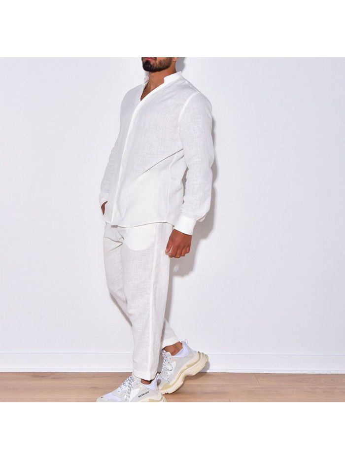 Men's linen autumn casual suit long sleeved one piece work pants 