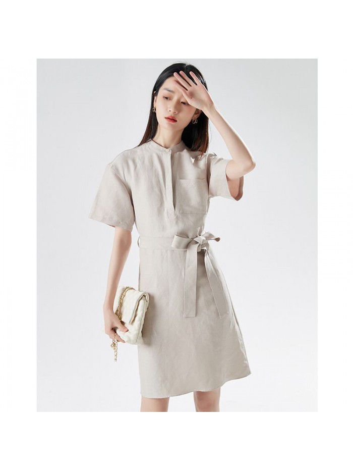 Spring New Women's Short Sleeve Design Feeling Waistband Round Neck Mid length Dress 
