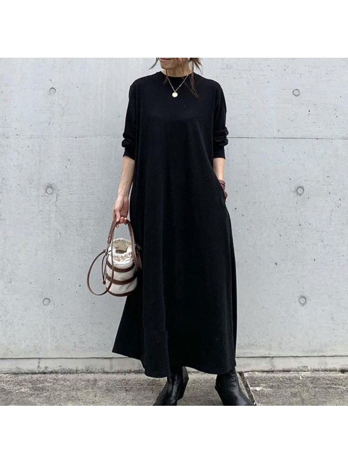 Spring and Autumn New Fashion Brand Versatile Cotton Black and White Spliced Long Sleeve Dress 