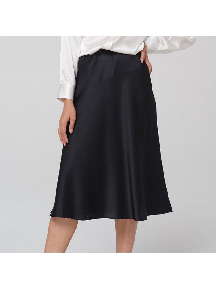 Silk Women's Summer Pear Shape Body Half Skirt Summer Temperament Slim Fit A-line Skirt Commuter Solid Silk Midskirt 