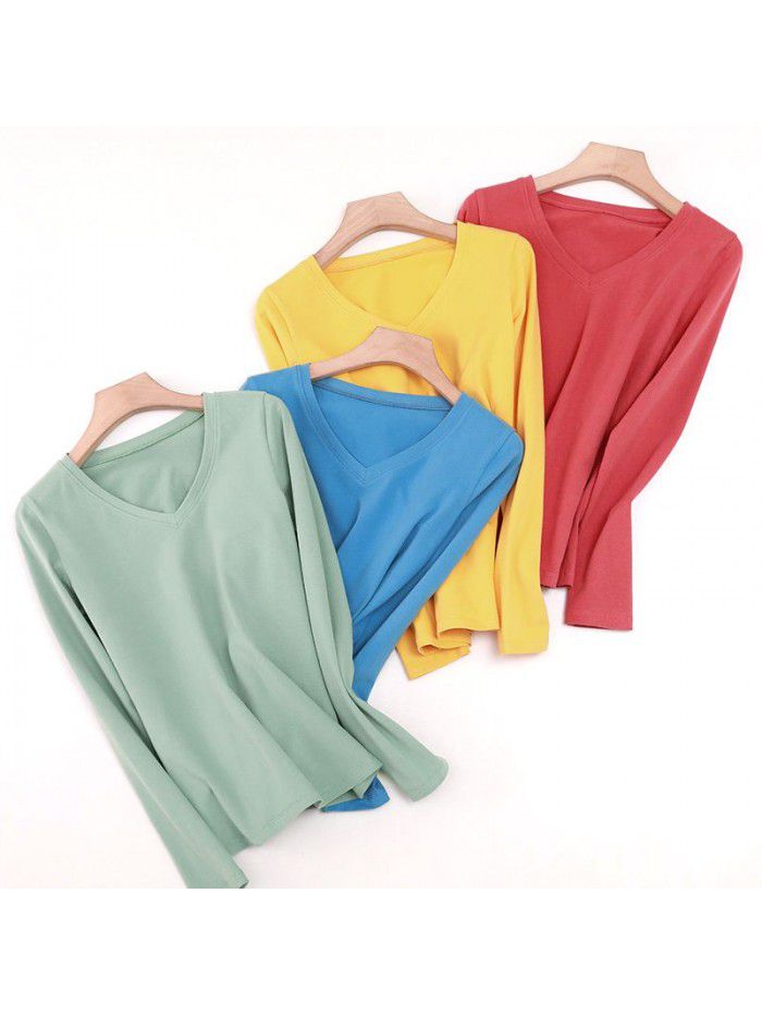 Women's Long sleeved T-shirt Women's Summer New Underlay V-neck T-shirt Loose Solid Color Simple 