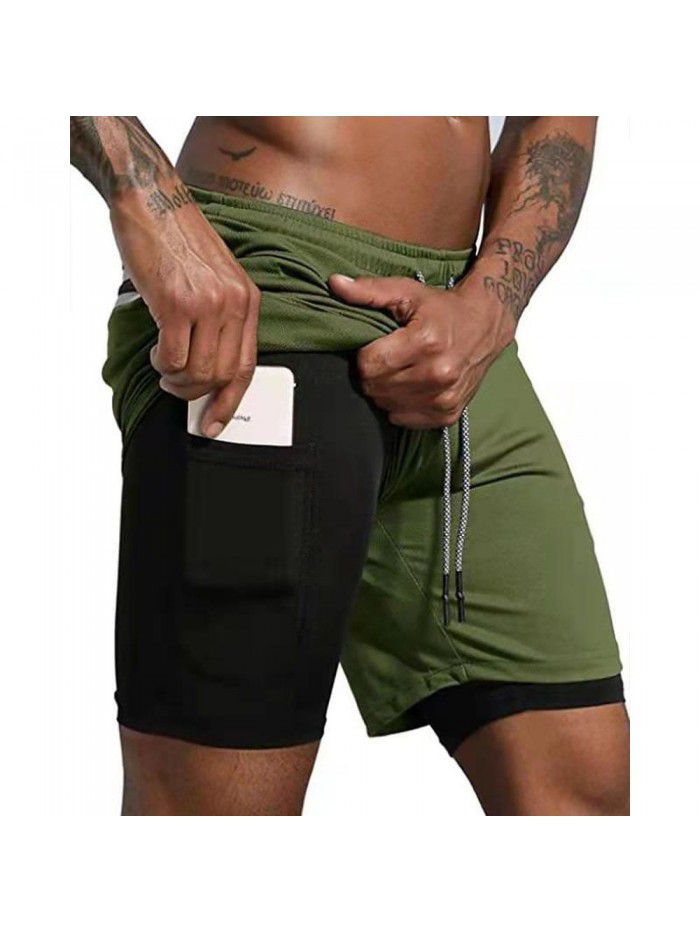 Men's double layer shorts, solid mesh sports and fitness training pants, five point casual pants, men's pants 