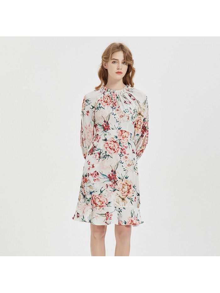 New Women's Style Commuter Bubble Sleeves High Waist A-line Dress Mid length Dress Printed Fragmented Flowers 
