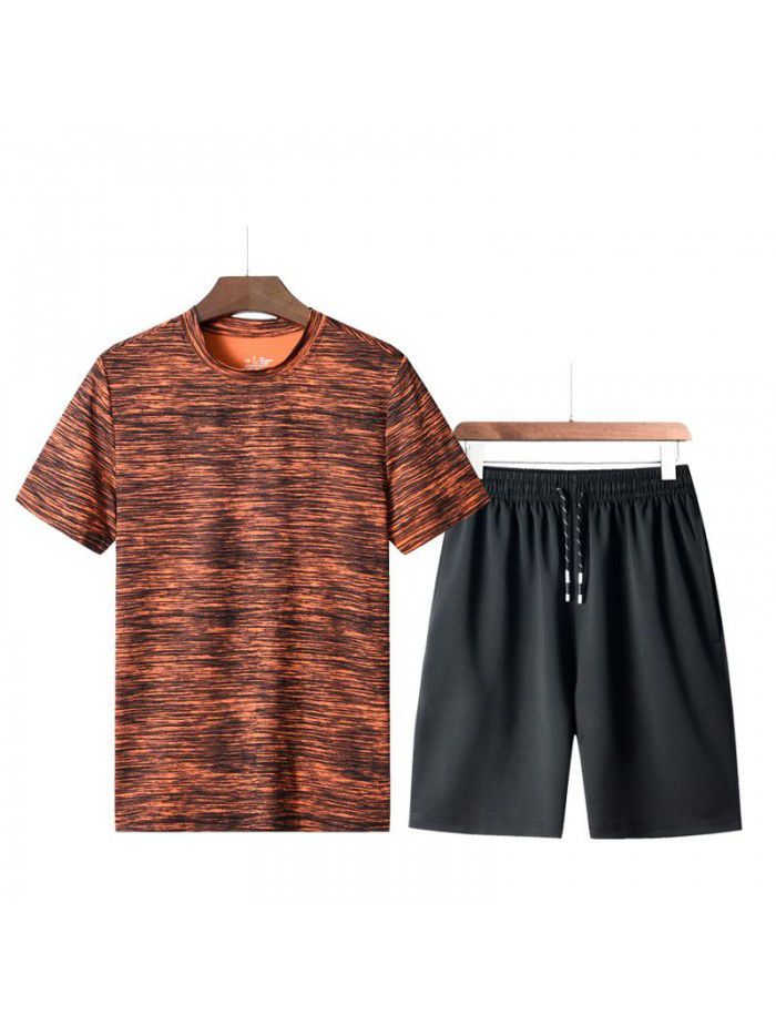 Summer men's loose fitting T-shirt running casual short sleeved round neck quick drying shorts sports set