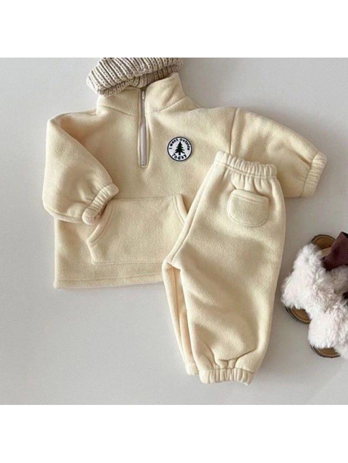 Children's set, baby and toddler clothing, plush and thickened casual set, children's winter high collar sweater pants, two-piece set, trendy 
