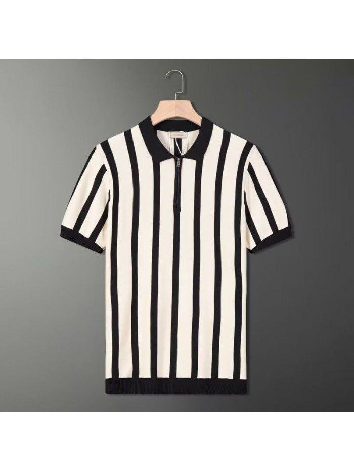 Half Zip Striped Polo Shirt Light Mature Summer Men's Short Sleeve T-shirt Trend Korean Knitted Casual Half Sleeves 