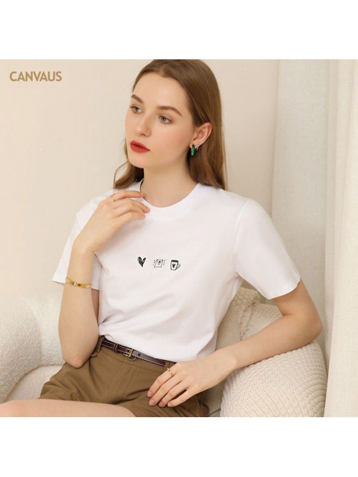 Summer new print short-sleeved t-shirt women's thin round neck cotton white cartoon top 