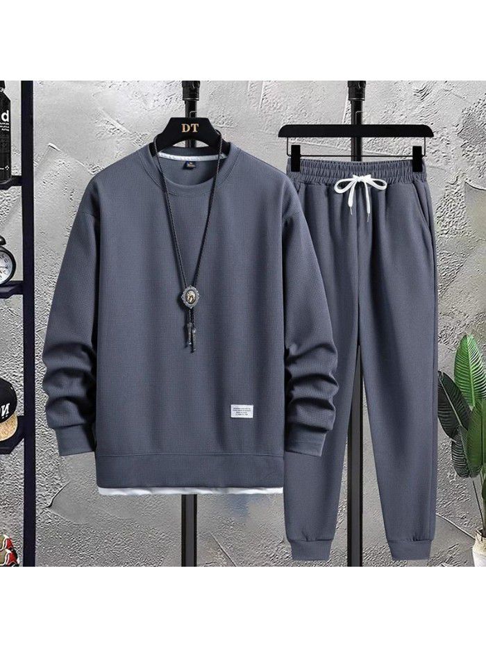 New Men's Leisure Sports Set Men's Fashion Brand Men's Sweater T-shirt Handsome Waffle Autumn Men's Wear 