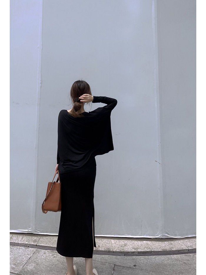 Loose body covering and slimming bat sleeve T-shirt with buttocks split high waist skirt and slimming dress set 
