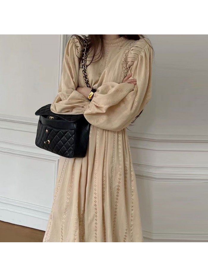 Spring French Brand Lace Standing Neck Spliced Hollow Lace Hooked Waist Dress for Women 