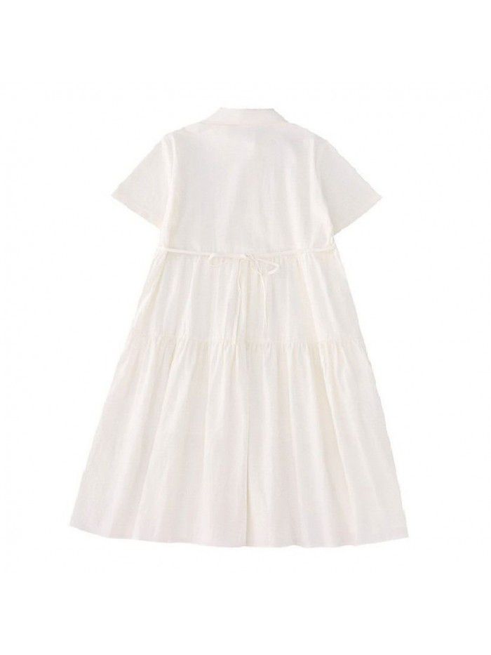 Japanese gentle temperament lapel organ pleated white loose mid length shirt skirt dress 