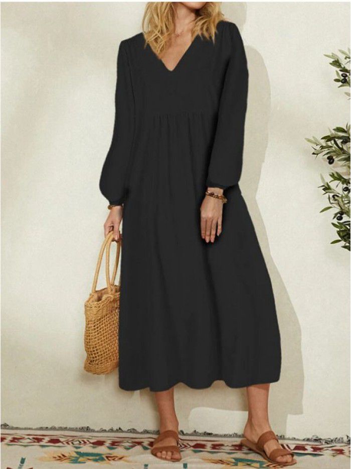 Summer New Fashion Women's Cotton Hemp Loose Lantern Sleeve Dress