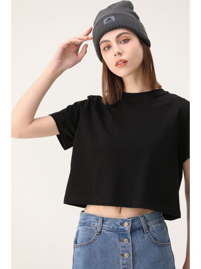 Short cut navel exposed short sleeved t-shirt for women Spring/Summer new niche short cut t-shirt made of pure cotton 