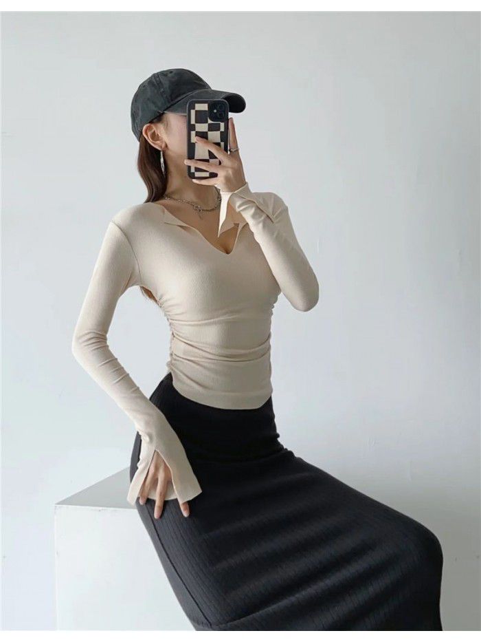 Pure desire V-neck flanging flared sleeve T-shirt for female minority Spicy girls pleated slim high waist short solid color bottom top 