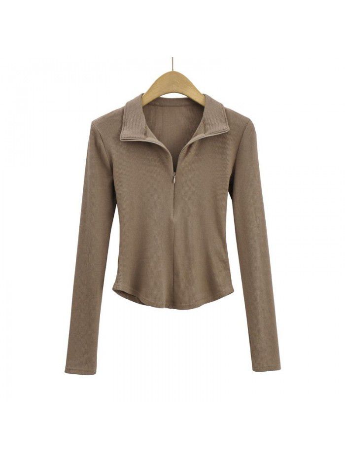 Spring Korean basic slim fitting zipper lapel clean face long sleeved T-shirt top for women 