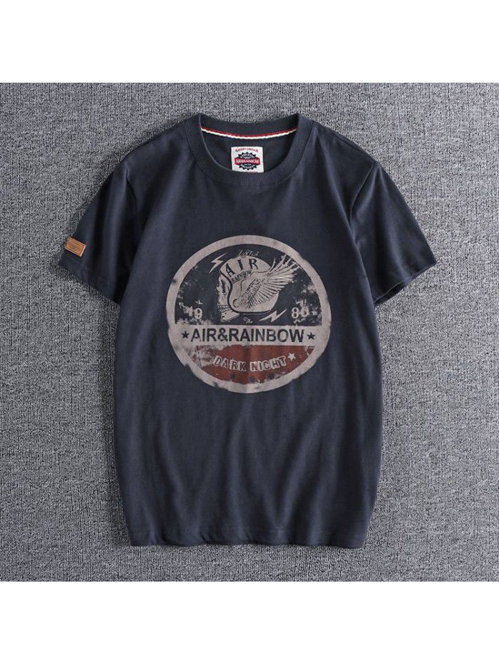 New Washed Brushed Skeleton Head Printing Foreign Trade Retro Round Neck Short Sleeve T-shirt Men's Half Sleeve T 