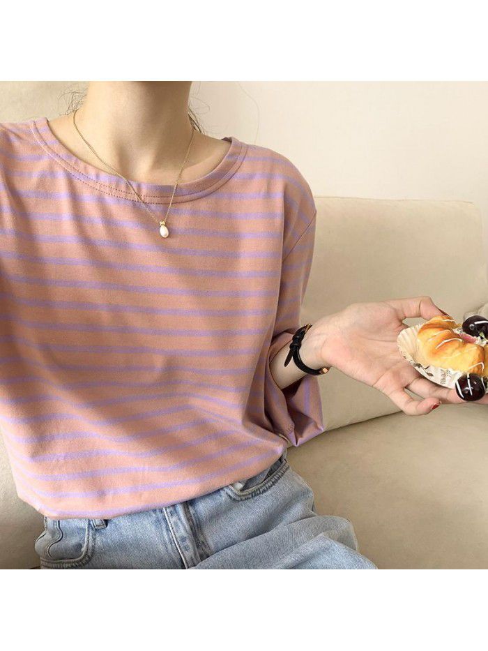 Long-sleeved striped t-shirt women's cotton loose autumn new style Korean T-shirt bottom coat women 