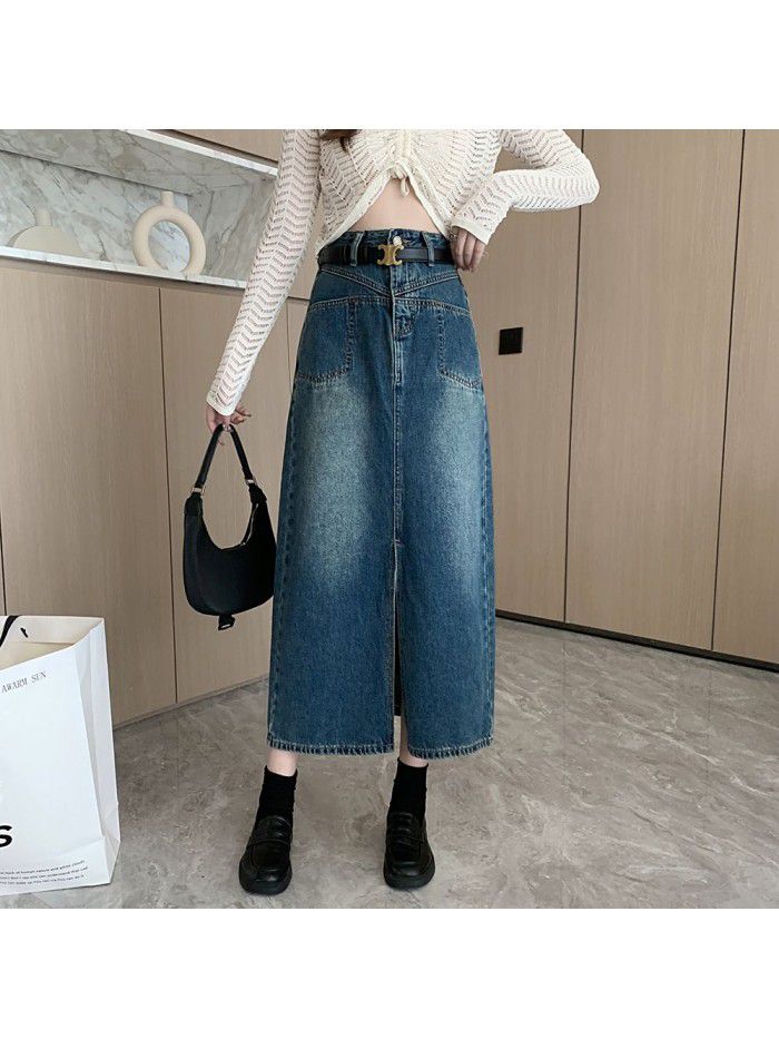 Oversized Hong Kong style retro split denim skirt for women in early spring New high waisted slim A-line mid length skirt 