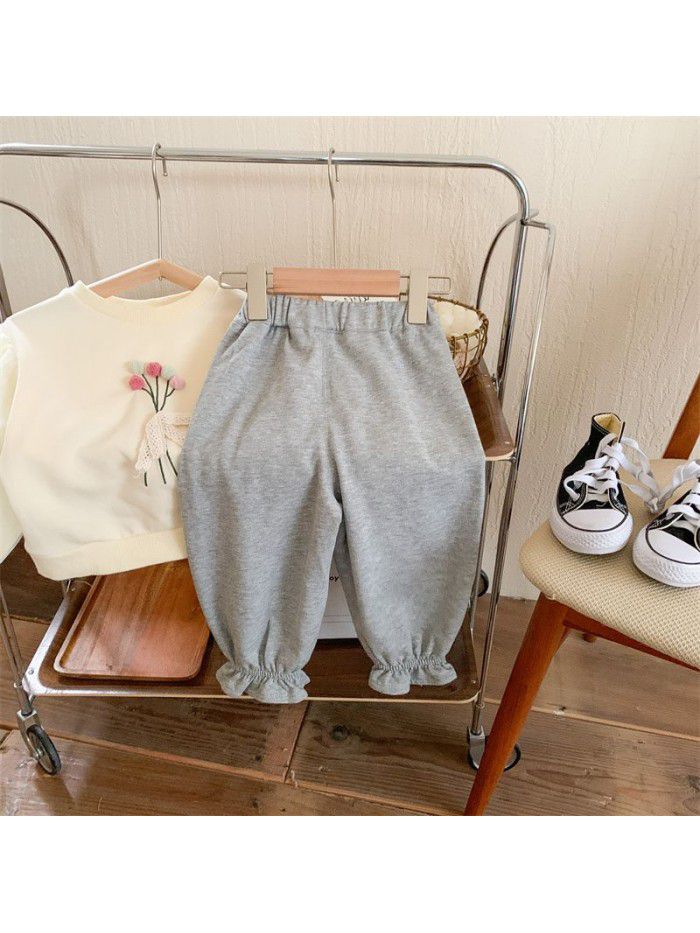Children's casual pants Spring and Autumn Korean version Girls' embroidered leggings Baby retro pants 