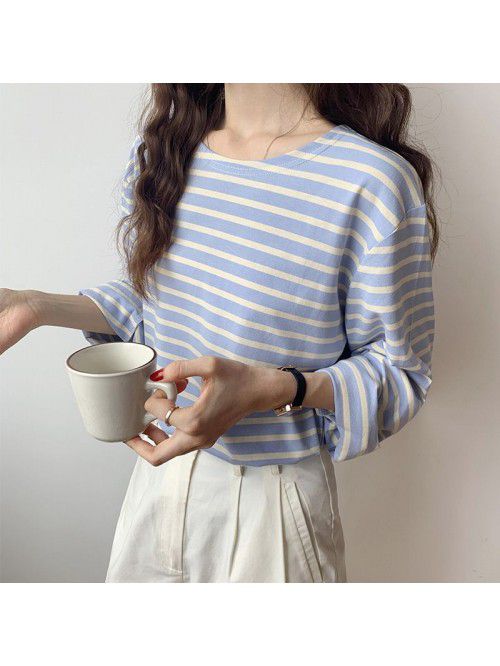 Long-sleeved striped t-shirt women's cotton loose ...