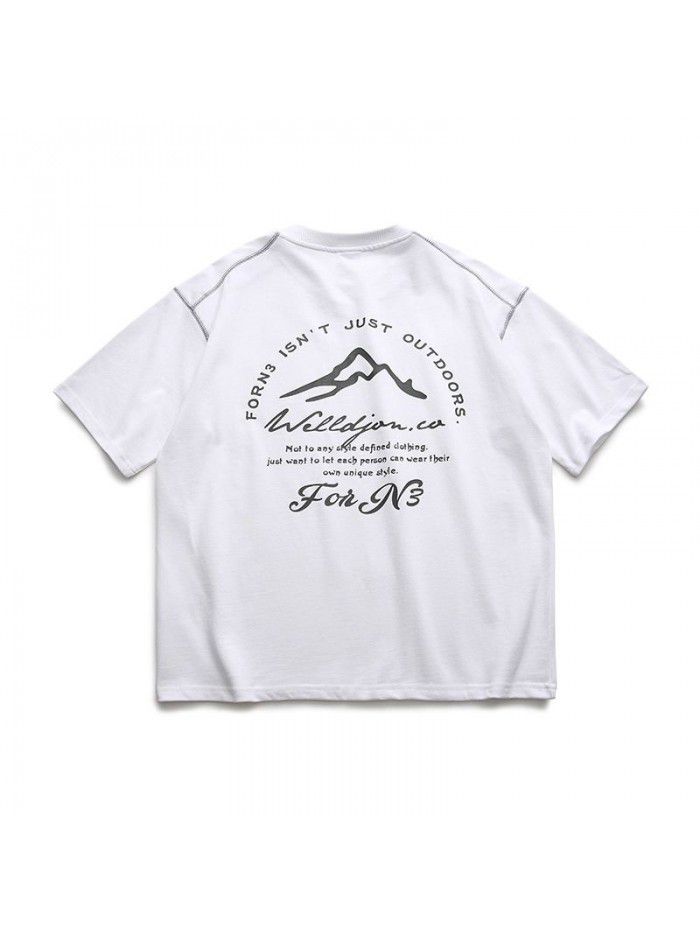 Summer New Solid Back Print Round Neck Short Sleeve Japanese Fashion High Street Loose T-shirt Men 