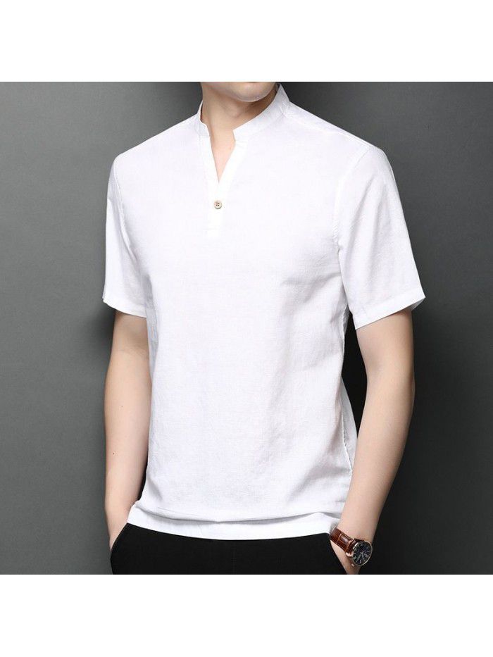 New Summer Men's Linen T-shirt Solid Fit Short Sleeve Casual 