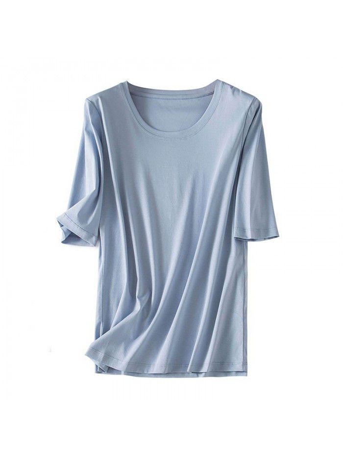 New autumn mercerized cotton medium sleeve round neck t-shirt for women's pure cotton white quarter sleeve thin bottom T-shirt 