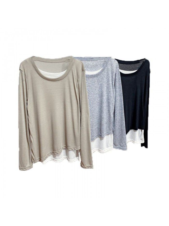 Thin Tencel facial mask Long Sleeve Round Neck T-shirt Women's Spring Loose Medium length Undercoat Top 