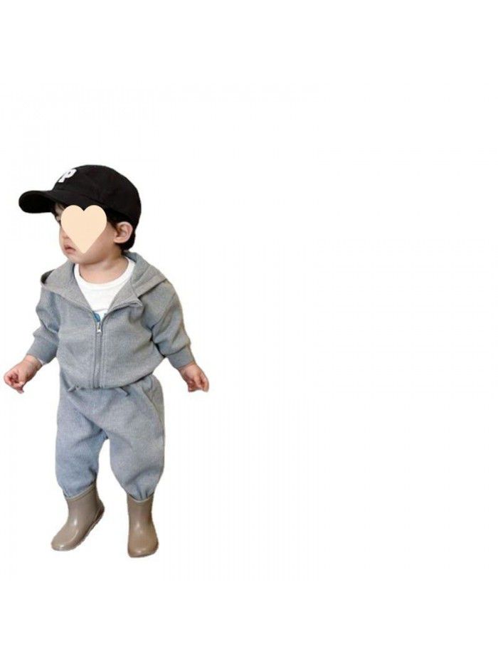Children's casual set, spring and autumn styles, baby waffle hooded men's and women's baby sweaters and pants two-piece set 