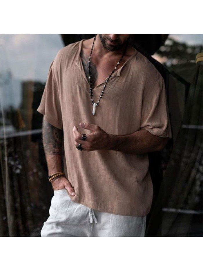 Summer Southeast Asia Street Fashion Men's V-Neck Shirt European and American Casual Loose Solid Neck Medium Sleeve T-shirt 