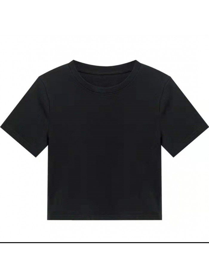 T-shirt Women's Short Cotton High Waist Summer Loose Simple Round Neck Korean Versatile Solid Color T-shirt 