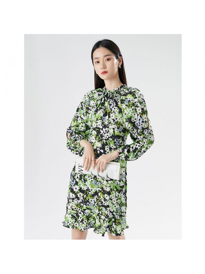 New Women's Style Commuter Bubble Sleeves High Waist A-line Dress Mid length Dress Printed Fragmented Flowers 