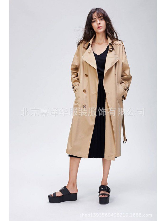 New loose and oversized casual double breasted pure cotton washed long windbreaker women's autumn coat women's coat