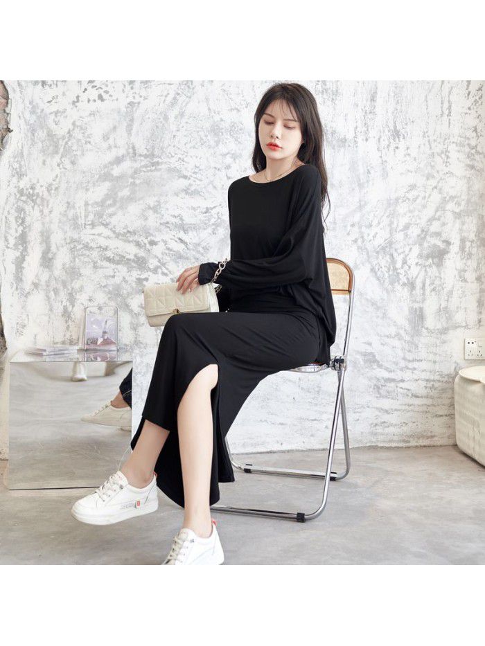Loose body covering and slimming bat sleeve T-shirt with buttocks split high waist skirt and slimming dress set 