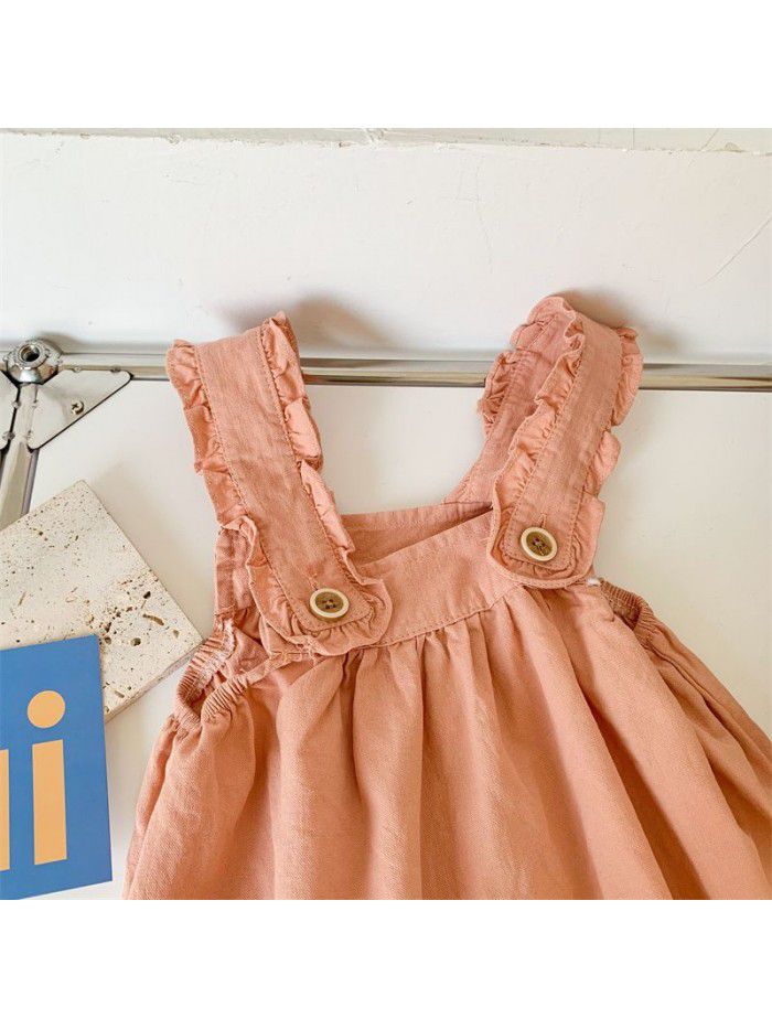 Girls' Strap Dress Set Summer New Korean Women's Treasure Letter T-shirt Short Sleeve Strap Dress Pink 