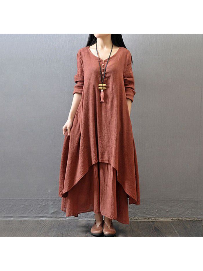 Spring and autumn holiday two-piece long skirt, artistic large linen dress, loose long-sleeved cotton and linen skirt 