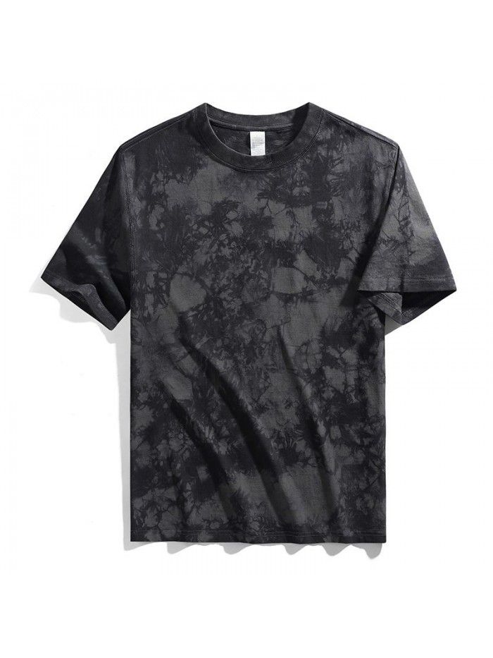 Men's tie dyed t-shirt, shoulder length, pure cotton loose short sleeved men's heavy duty t-shirt, round neck, trendy brand top