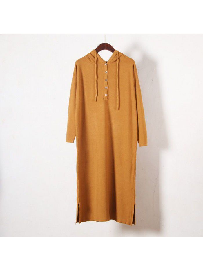 Hooded sweater knitted dress women's thickened autumn and winter casual medium length sweater long skirt over the knee 