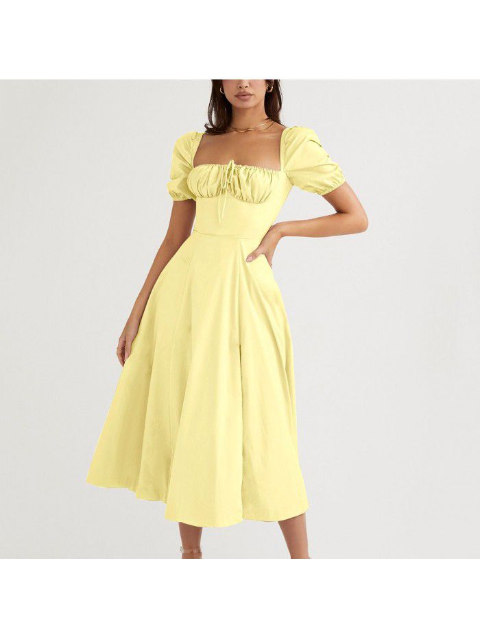 Summer Holiday Bubble Sleeve Solid Split Long Dress 