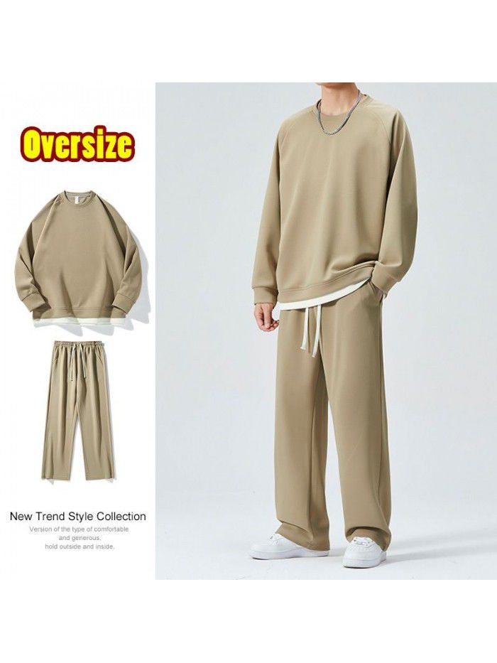 Spring and Autumn Leisure Sports Set Men's Loose Round Neck Sweater and Pants Two Piece Set for Daily Simple Homewear 