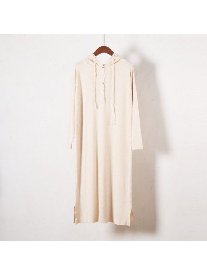 Hooded sweater knitted dress women's thickened autumn and winter casual medium length sweater long skirt over the knee 