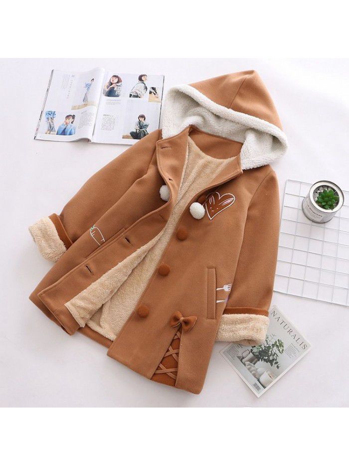 Forest Women's Winter Dress Cute Cat Embroidery with Plush Coat Warm Coat