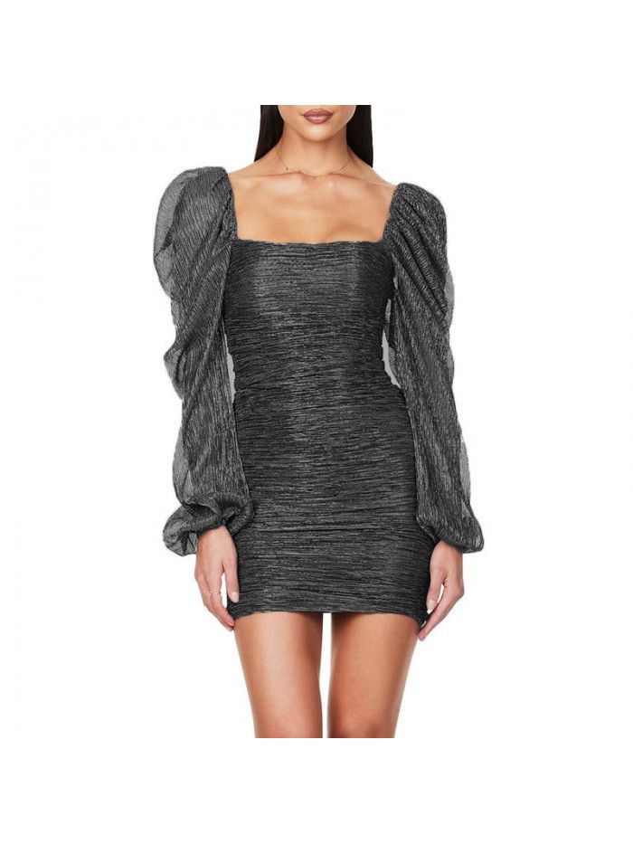 Bubble Sleeve Square Neck French Long Sleeve Slide Silk Celebrity Metal Wrap Hip Dress  Bubble Sleeve Square Neck French Long Sleeve Slide Silk Celebrity Metal Wrap Hip Dress
