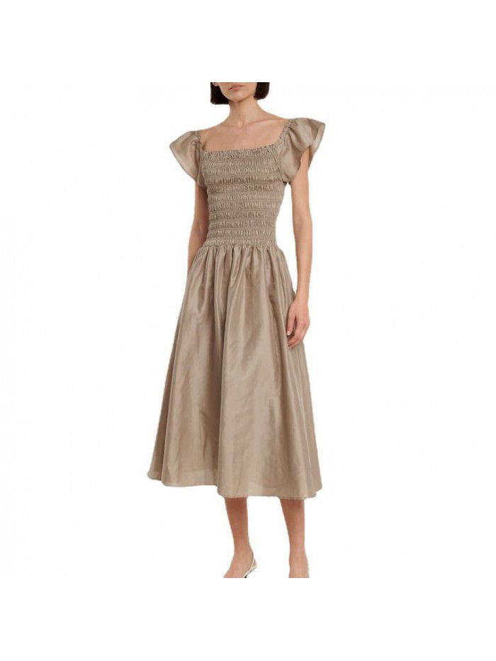 One line neckline dress dress with tie up waist and slim A-line dress for women 
