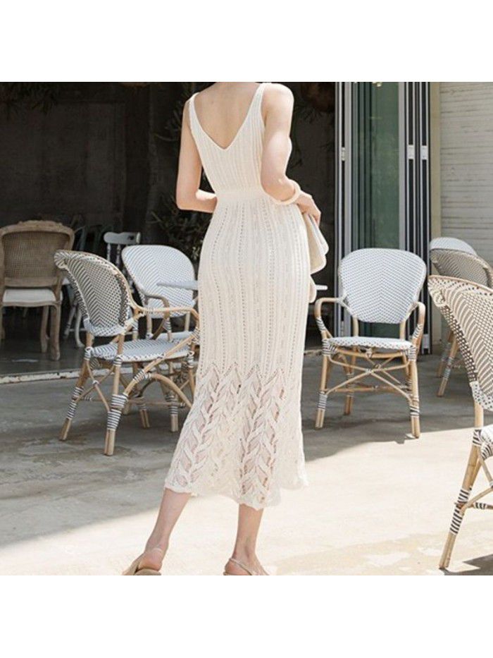 Spring/Summer Mid length Knitted Sling Dress for Women Sleeveless Outwear Over Knee Skirt Underlay Tank Top Long Dress 