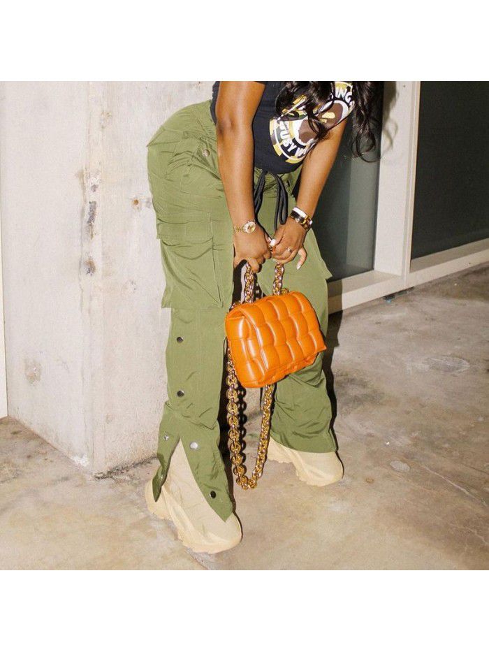 Summer Street Style High Waist Straight Barrel Drawstring Lace Up Buckle Casual Pants 