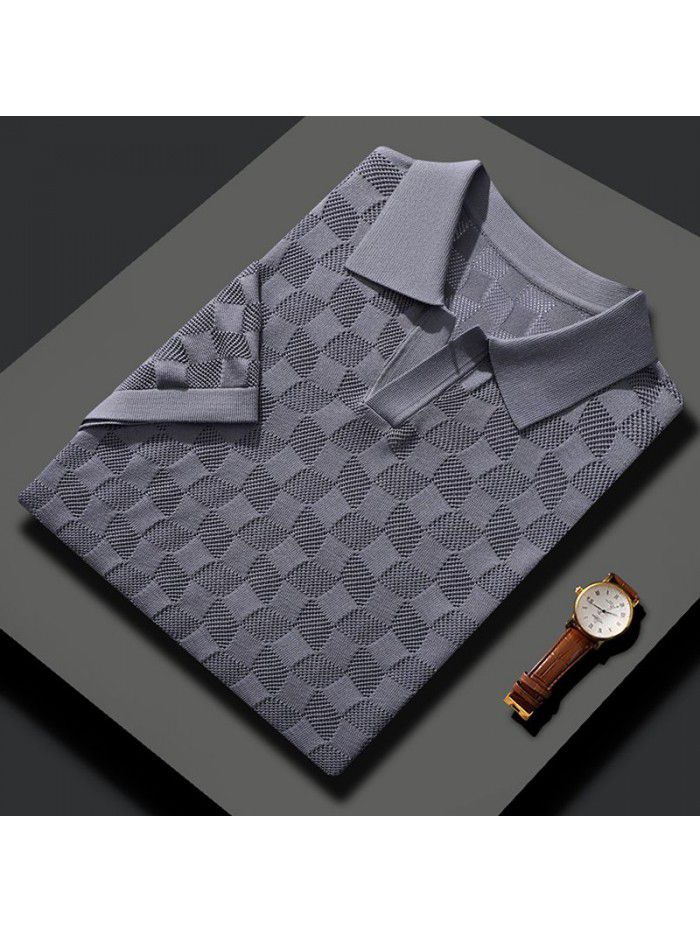 Summer thin mulberry silk thread hollow white Polo shirt Men's ice silk short sleeved business casual polo shirt 