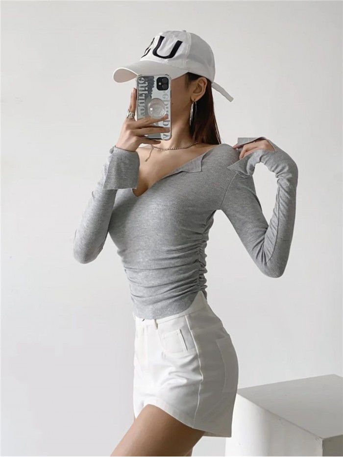 Pure desire V-neck flanging flared sleeve T-shirt for female minority Spicy girls pleated slim high waist short solid color bottom top 