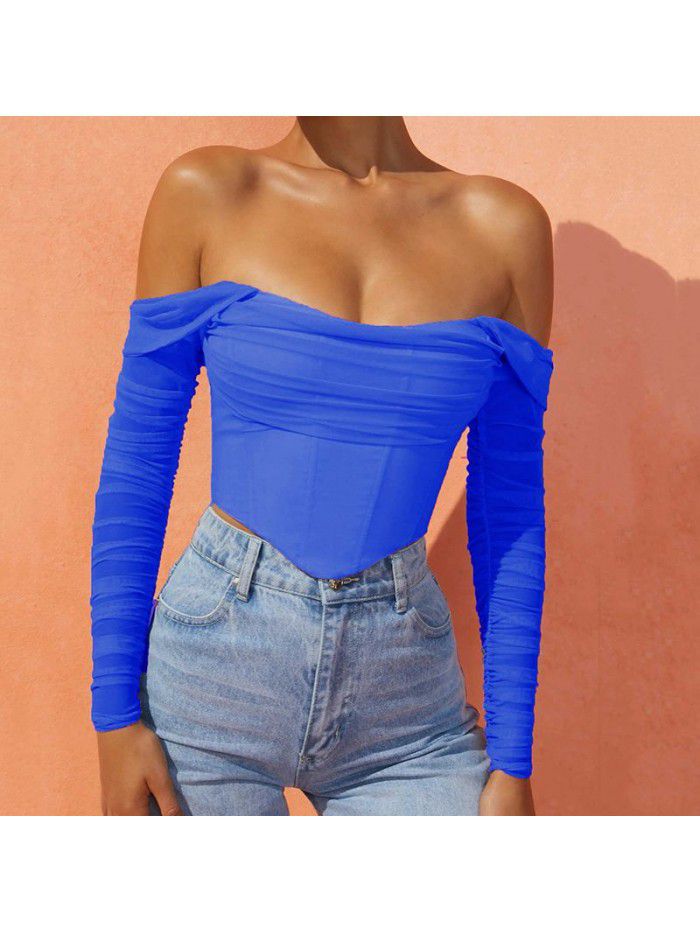 mesh fishbone perspective one line collar exposed navel short T-shirt top for women 