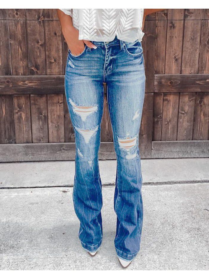 New Women's Casual Pants Show Thin Temperament Broken Hole Denim Wide Leg Women's Pants 